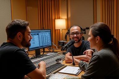 Estúdio de gravação em Ipanema, RJ, com equipe produzindo podcast